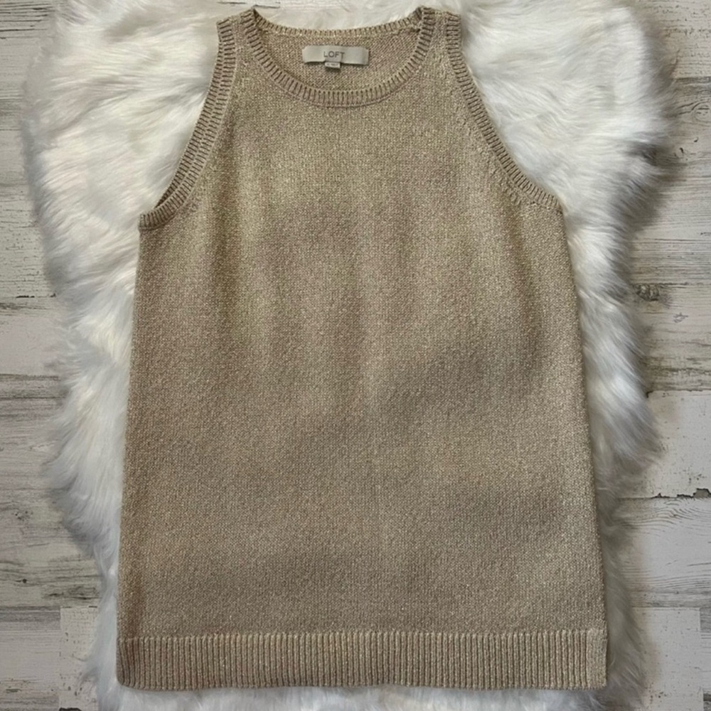 Women’s Loft Beige Gold Metallic Shimmer Sleeveless Knit Top Size Medium